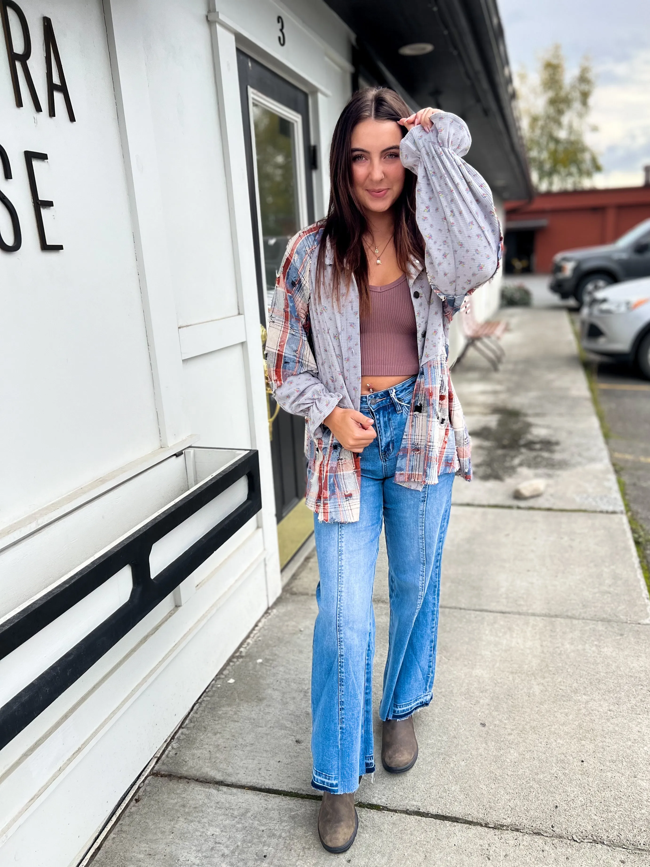 For Love Of Floral And Plaid Button Down- Grey Multi