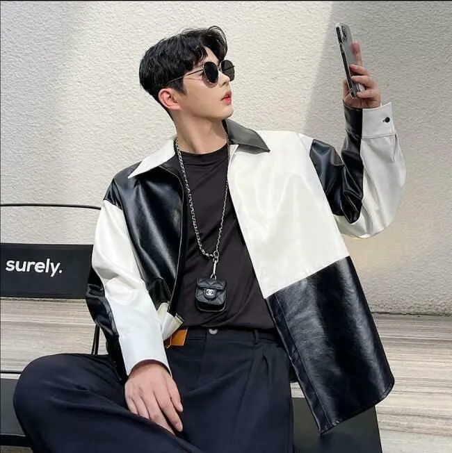 Men's Classic Y2K Fashion Black & White Contrast Colour Korean Street Style Vegan Leather Shirt