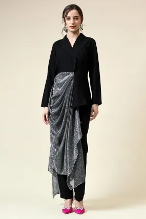 Silver Lurex Draped Black Blazer Co-Ord Set